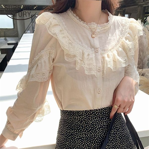 

womens and blouses cotton linen blouse button solid stand collar ladies lace women shirts blusas feminine 8049 50 220407, White