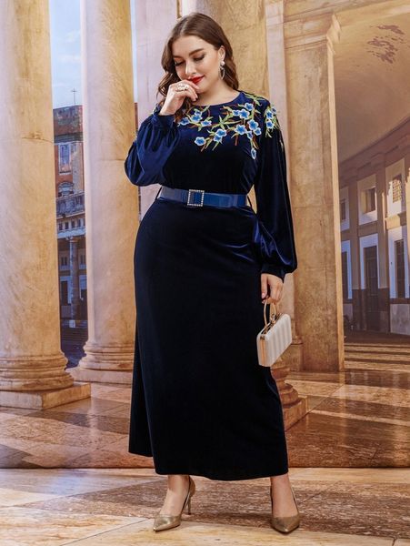 

plus floral embroidery belted dress f62h#, Black