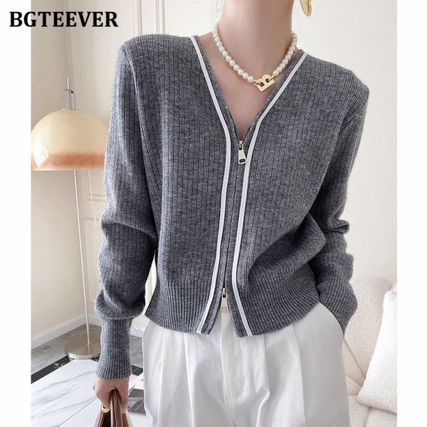 

stylish v-neck zipper up women sweater 2021 autumn knitwear casual hit color full sleeve female cardigans, White;black