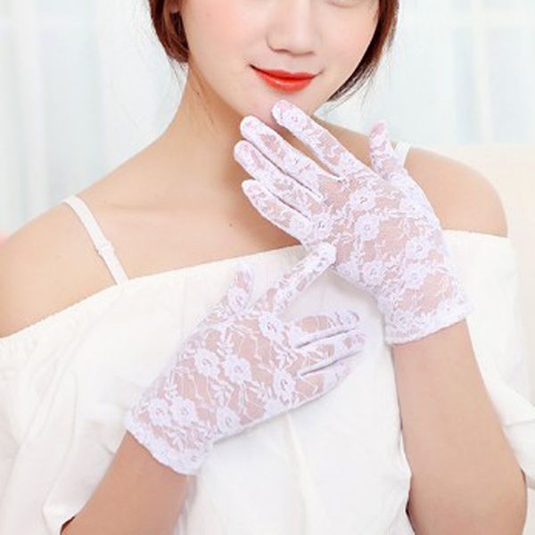 

7 colors trendy sunscreen 5 fingers gloves women summer uv-proof short lace breathable hollow flowers driving gloves sun protection glove la, Blue;gray