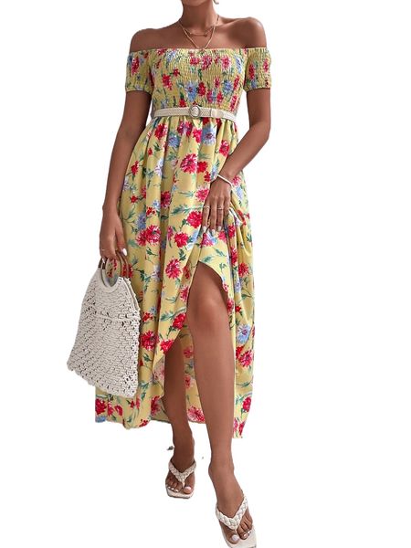 

allover f.loral p.rint s.hirred o.ff s.houlder wrap hem d.ress w2lp#, Black;gray