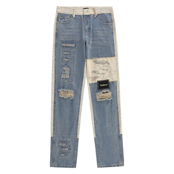 

men jeans patchwork men's 11 denim pants streetwear hip hop trousers 22fw, Blue