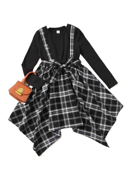 

girls plaid print hanky hem belted 2 in 1 dress x3wc#, Black;white