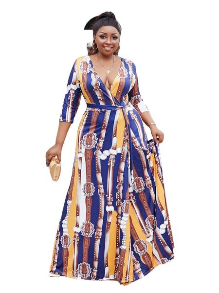 

plus surplice neck belted watch print wrap dress x54s#, Black