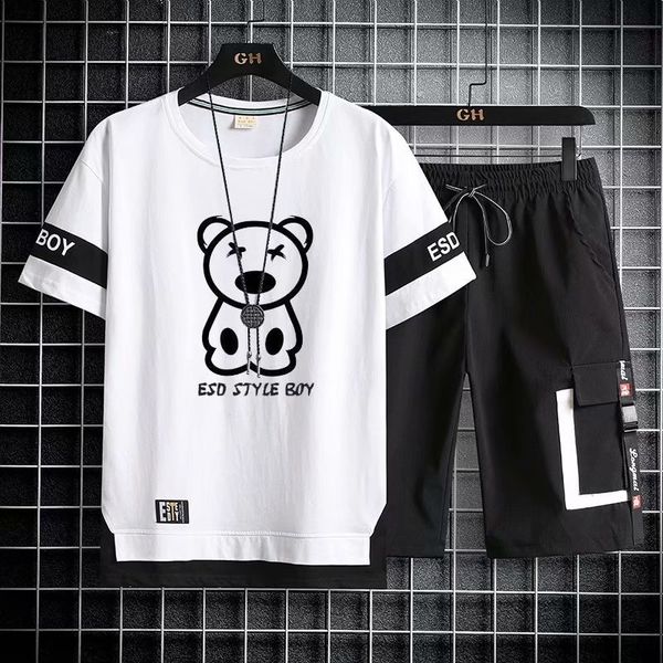 

korean fashion men s sets summer tracksuit print bear t shirts sport shorts suit casual clothing s joggers 220611, Gray