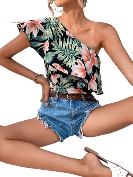 

tropical print one shoulder ruffle trim blouse k9cy#, White