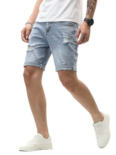 

men ripped roll hem denim shorts l3va#, White;black