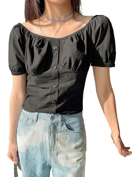 

dazy button front shirred back blouse x181#, White