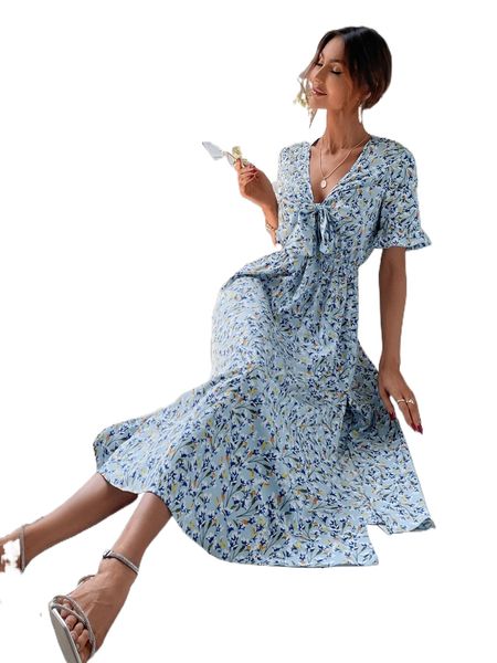 

allover floral print knot front flounce sleeve dress p7zo#, Black;gray