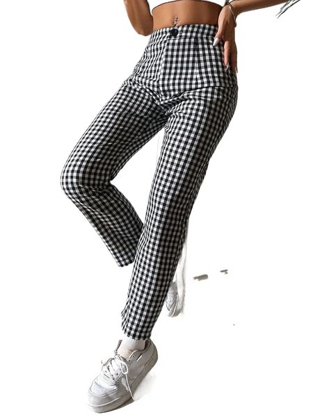 

petite gingham print tapered pants z4qg#, Black;white