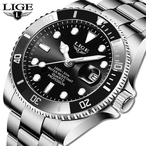 

lige brand luxury fashion diver watch men 30atm waterproof date clock sport watches mens quartz wristwatch relogio masculino 220530, Slivery;brown