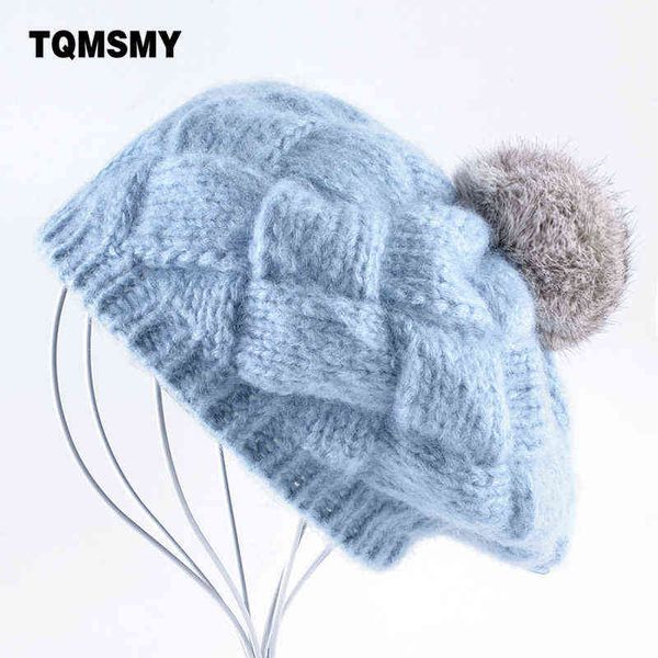 

tqmsmy beautiful winter hats for women knitted wool berets girls real rabbit hairball cap pompom beret ladies gorras planas boina j220722, Blue;gray