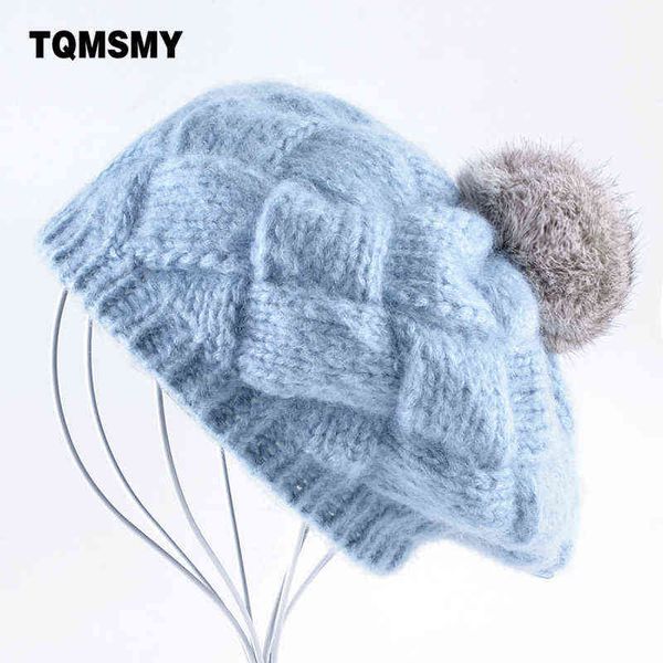 Tqmsmy schöne winterhüte für Frauen gestrickt Wolle Berets Mädchen echte Kaninchen Hairball Cap Pompom Beret Damen Gorras Planas Boina J220722