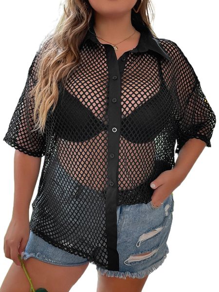 

plus hollow out drop shoulder blouse without bra o09u#, Black