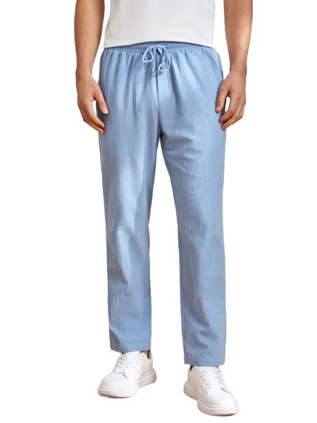 

men solid drawstring waist pants f96e#, Black