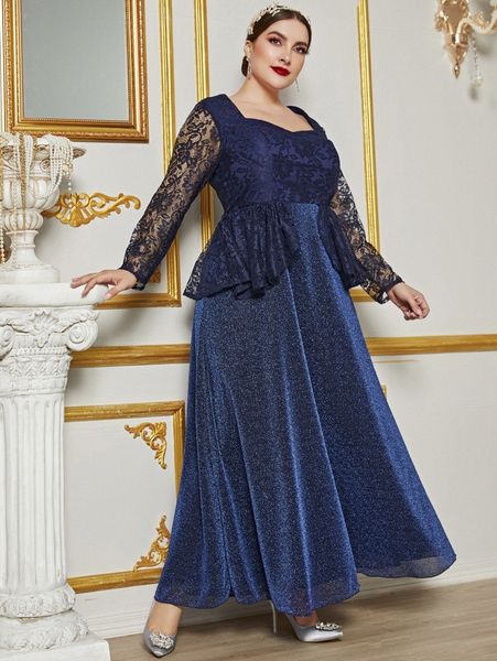

plus contrast lace peplum glitter prom dress b5af#, Black