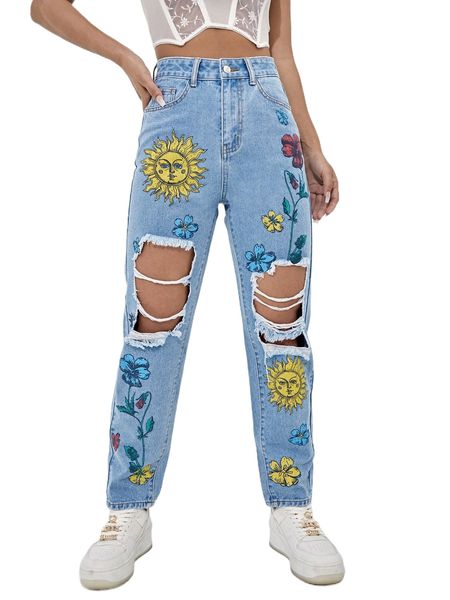 

floral & sun print ripped jeans u2sq#, Blue