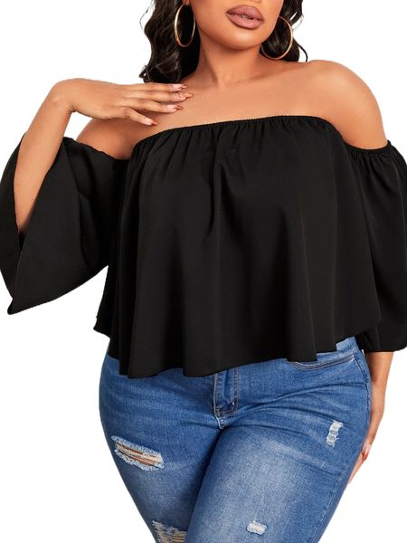 

sxy plus off shoulder solid blouse w7r1#, Black