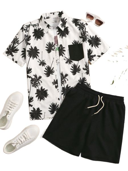 

men palm tree print shirt & drawstring waist shorts without tee n5oa#, Gray