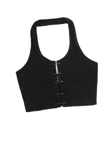 

plus halter neck pin front rib-knit crop b45f#, Black