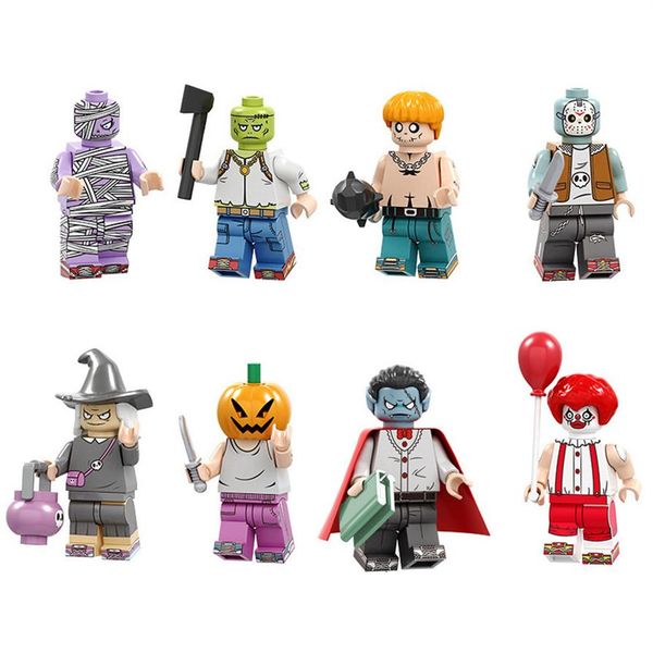 

8 pcs lot mini action figure minifig joker clown monster vampire pumpkin witch zombie building blocks halloween gift toy for kid c3217