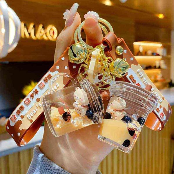 

cartoon oiled pearl milk tea cup bear keychain brown fashion milk tea bottle bear car key pendant cute bag ornament gift g220421, Silver
