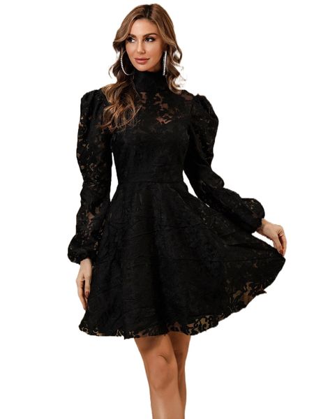 

missord high neck lantern sleeve cut-out lace skater dress w8g8#, Black;gray
