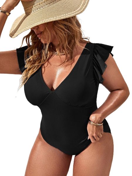 

plus rib ruffle trim one piece swimsuit h4c5#, White;black