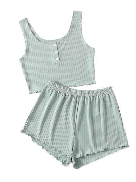 

button front lettuce trim rib-knit pj set w2yc#, Black;red