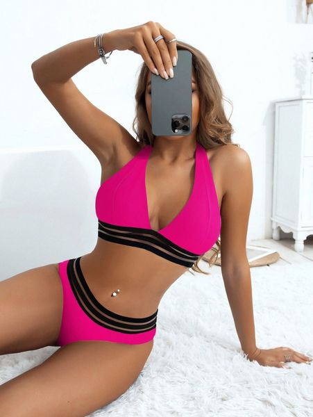 

contrast mesh halter bikini swimsuit 26ur#, White;black