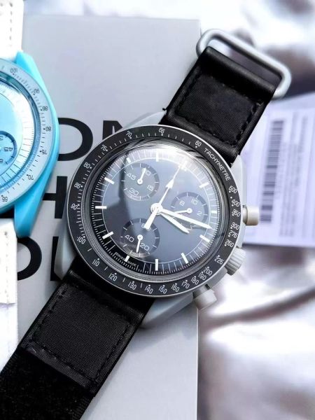 

bioceramic moonswatch swiss quqrtz chronograph mens watch so33n100 mission to neptune 42mm real navy blue ceramic black nylon with box super, Slivery;brown