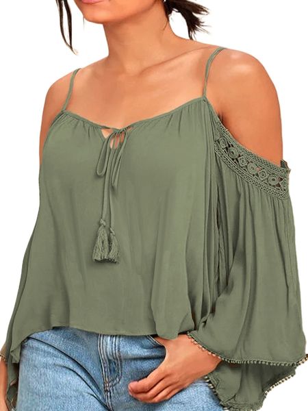 

plus cold shoulder guipure lace panel tassel knot front blouse n7rl#, Black