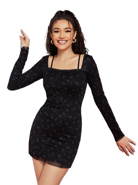 

x natalia dedios floral print mesh overlay bodycon dress k6d1#, Black;gray