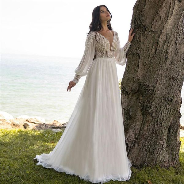 Altri abiti da sposa Elegante Bohomia A-line 2022 Chiffon di pizzo Sweep Train Scollo a V Manica a sbuffo Abiti da sposa da spiaggiaAltro