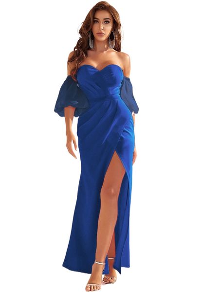 

off shoulder puff sleeve wrap split thigh dress i7ii#, Black;gray