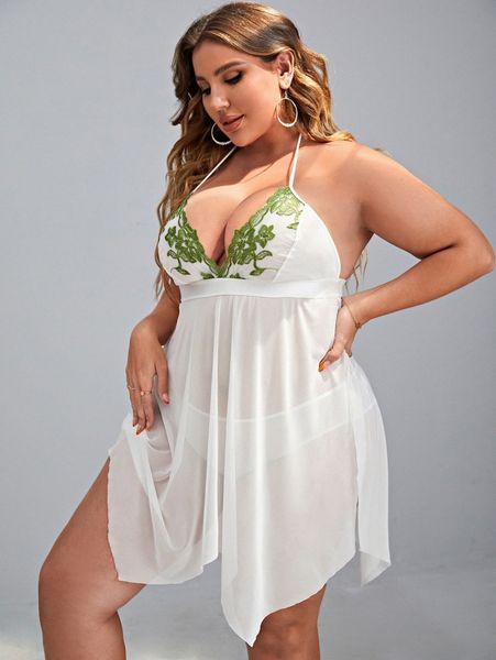 

plus floral embroidery mesh slips with thong j9s3#, Black;white