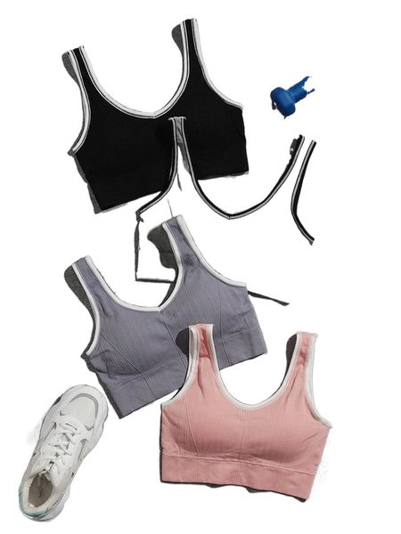 

4 pack contrast binding medium support sports bra m6nu#, Gray