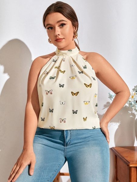

plus butterfly print tie back halter t5b4#, Black