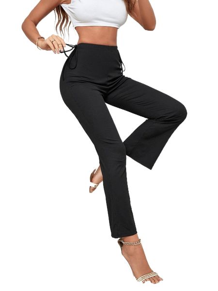 

high waist knot side flare leg pants h1sa#, Black;white