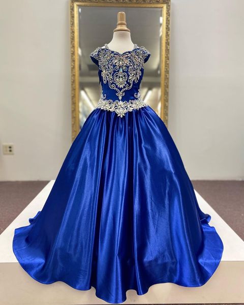 Kraliyet Mavi Kız Pageant Elbise 2022 BALLGOWN BÜYÜK BEAMLIK KRİSTALLER SATIN SATIN OLUK KULLANIM KIDA GÜNÜ DOĞUM GÜNÜLÜ KULLANIM Yürümeye başlayan çocuk gençler Preteen Zemin Uzunluğu