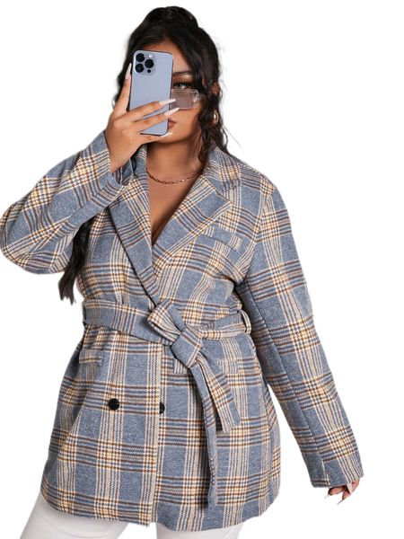 

plus double breasted belted plaid tweed overcoat i534#, Black