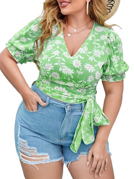 

plus all over floral print knot side blouse q04b#, Black