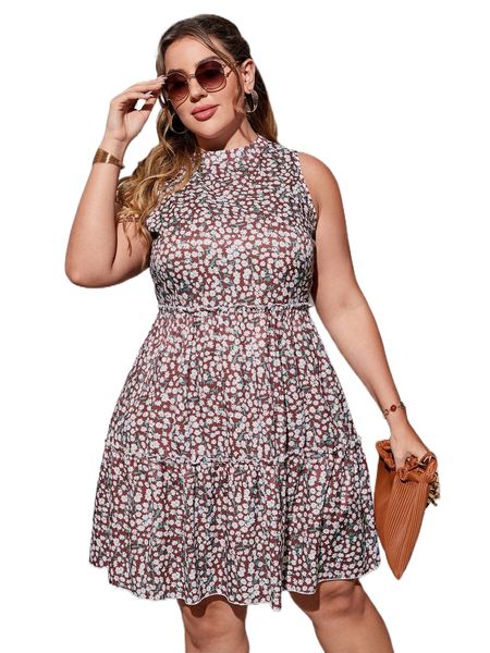 

plus ditsy floral print frill trim dress l5b1#, Black