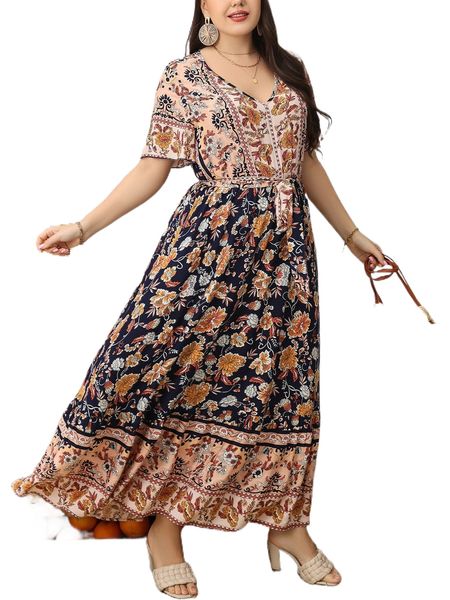 

plus floral print ruffle hem belted dress 77g1#, Black