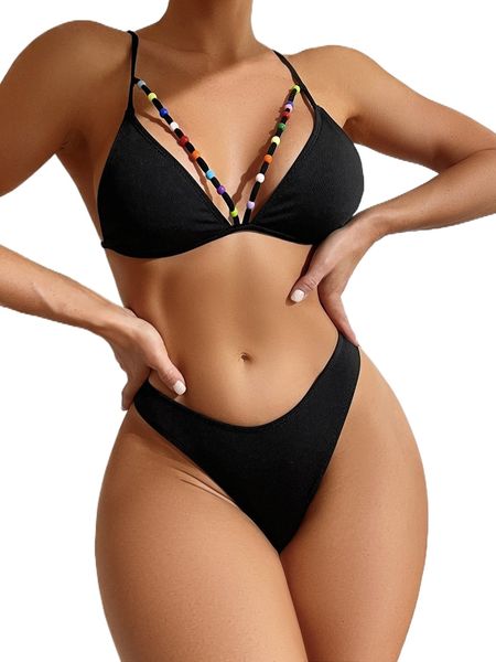 

rib beaded harness bikini swimsuit b8ws#, White;black