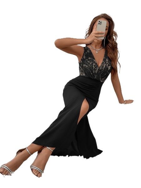 

contrast lace overlap collar slit thigh dress y0zg#, Black;gray