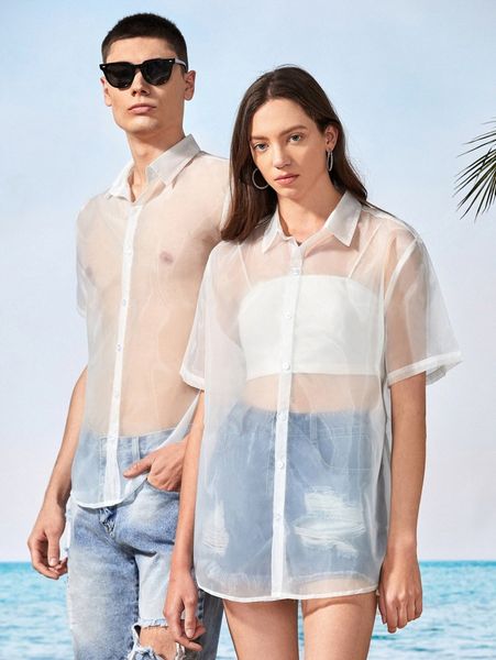 

1pc button front mesh shirt w3ak#, White;black