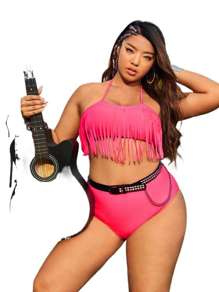 

plus fringe trim tie back bikini swimsuit without belt 06of#, White;black