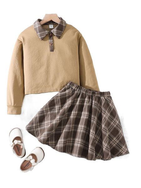 

girls tartan print polo neck drop shoulder pullover & skirt o1jf#, Black;white