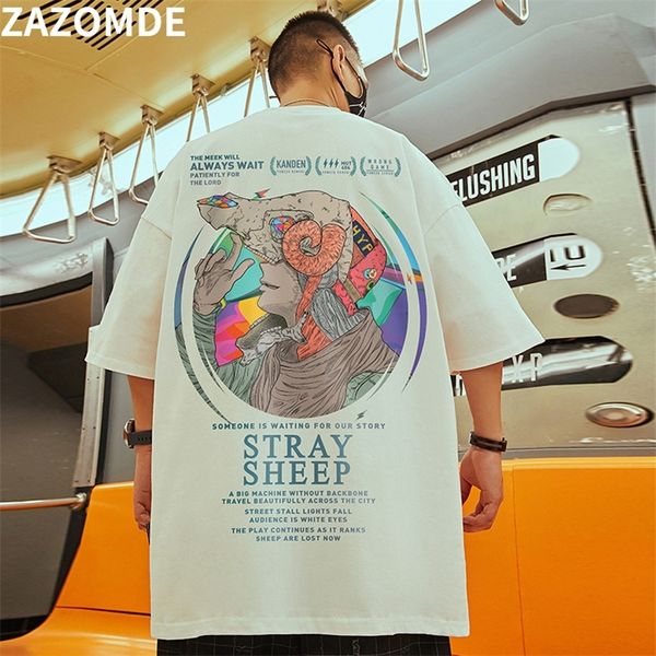 

zazomde summer high street t shirt men cotton cartoon print harajuku t shirts hip hop streetwear couple tee tshirt men 220706, White;black